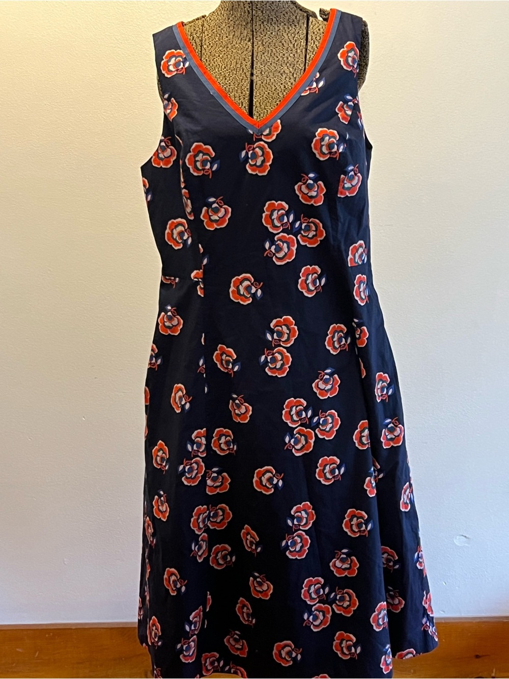 Boden Navy Midi Dress with Red Floral Print